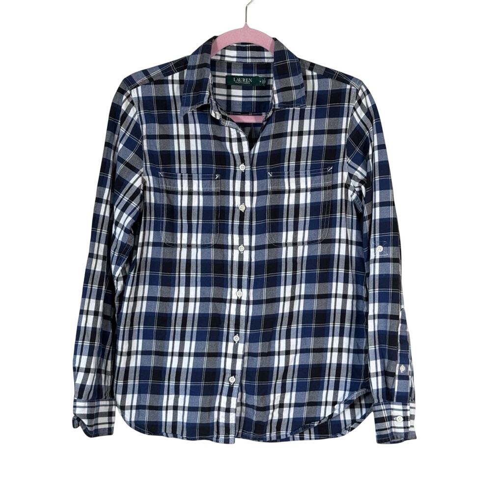 Lauren Ralph Lauren Blue Plaid Button Down Shirt Womens M Fall Preppy Classic
